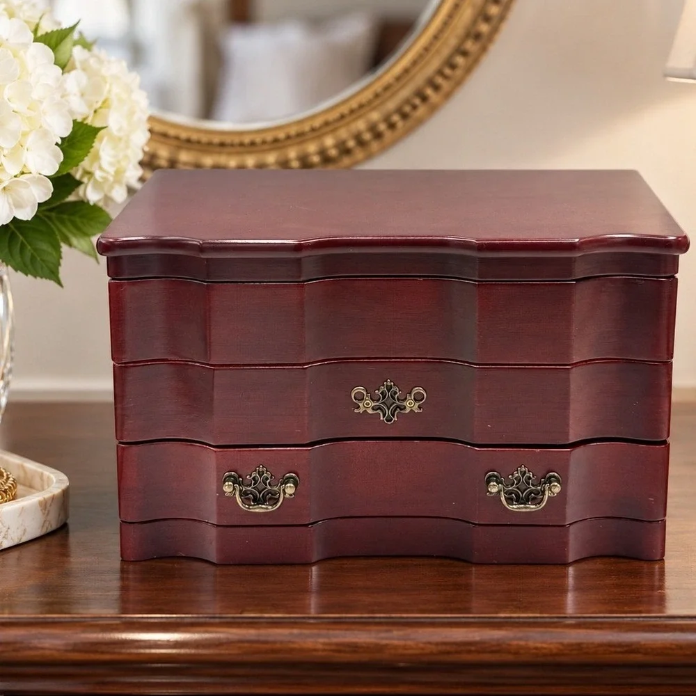 Vintage Mahogany Jewelry Chest Mirror Hidden Compartment Brass Hardware Drawers